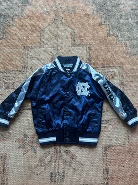 Vintage STARTER Navy and Light Blue Kids Satin Bomber Jacket with UNC Logo